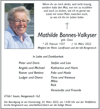 Traueranzeige von Mathilde Bonnes-Valkyser von Rheinische Post