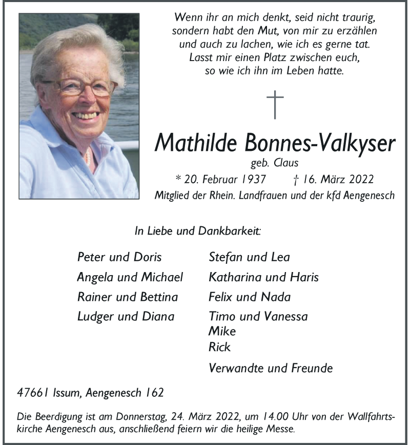  Traueranzeige für Mathilde Bonnes-Valkyser vom 22.03.2022 aus Rheinische Post