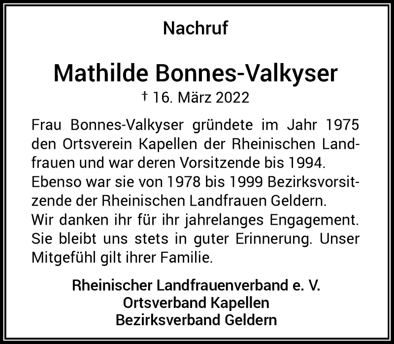  Traueranzeige für Mathilde Bonnes-Valkyser vom 26.03.2022 aus Rheinische Post