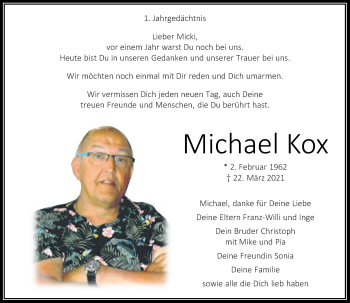 Traueranzeige von Michael Kox von Rheinische Post