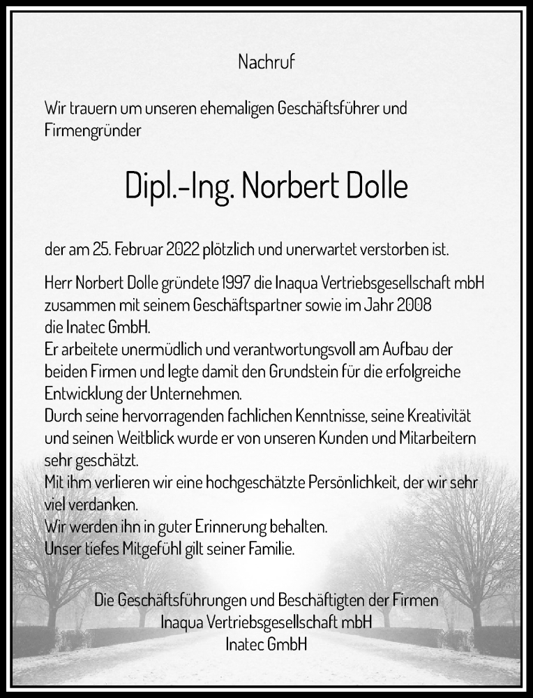 Traueranzeige für Norbert Dolle vom 12.03.2022 aus Rheinische Post