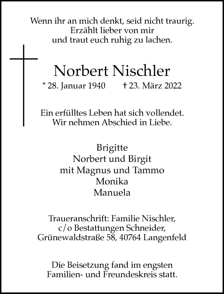  Traueranzeige für Norbert Nischler vom 16.04.2022 aus Rheinische Post