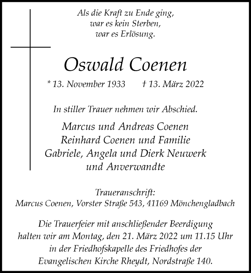  Traueranzeige für Oswald Coenen vom 18.03.2022 aus Rheinische Post