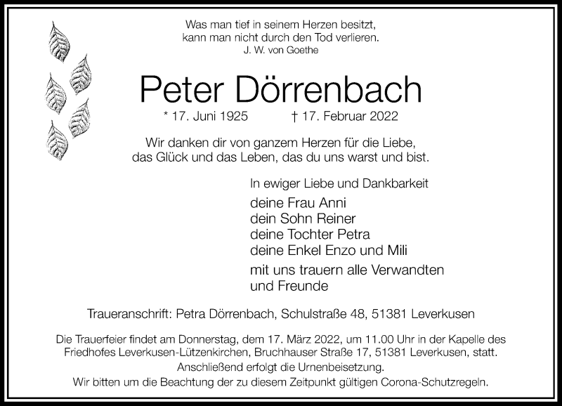  Traueranzeige für Peter Dörrenbach vom 05.03.2022 aus Rheinische Post