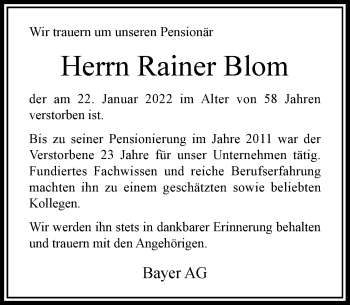 Traueranzeige von Rainer Blom von Rheinische Post