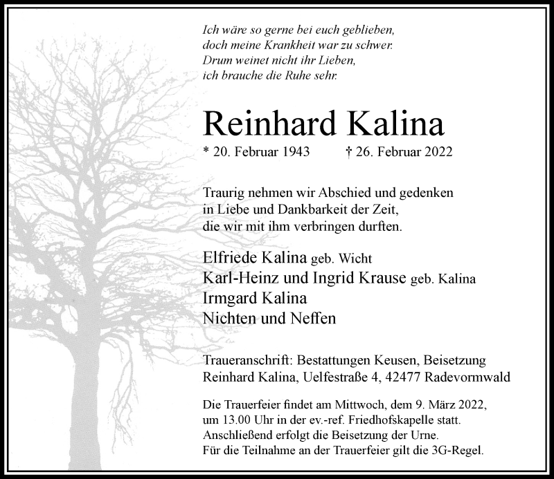  Traueranzeige für Reinhard Kalina vom 05.03.2022 aus Rheinische Post