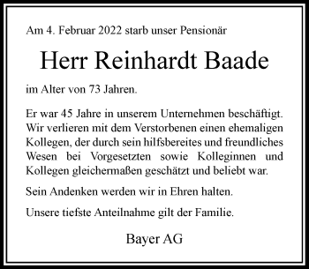 Traueranzeige von Reinhardt Baade von Rheinische Post