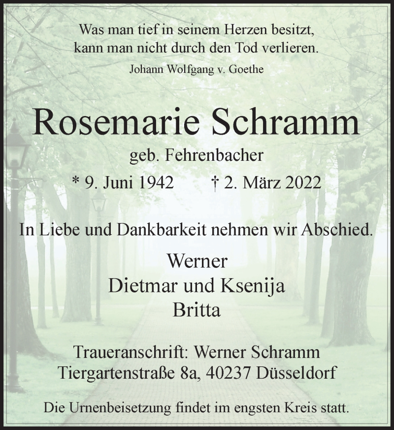  Traueranzeige für Rosemarie Schramm vom 19.03.2022 aus Rheinische Post