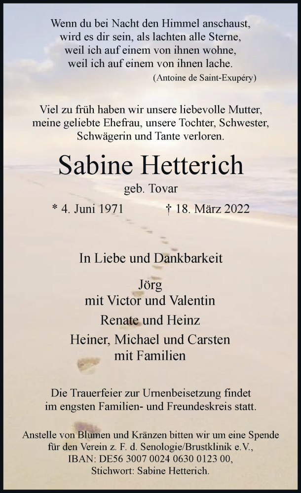  Traueranzeige für Sabine Hetterich vom 26.03.2022 aus Rheinische Post