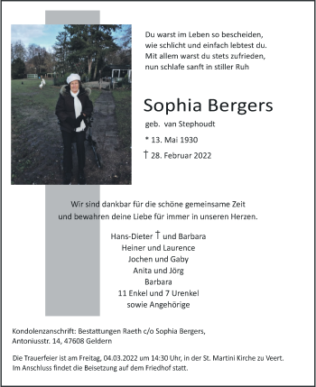 Traueranzeige von Sophia Bergers von Rheinische Post