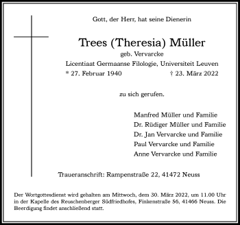 Traueranzeige von Theresia Müller von Rheinische Post