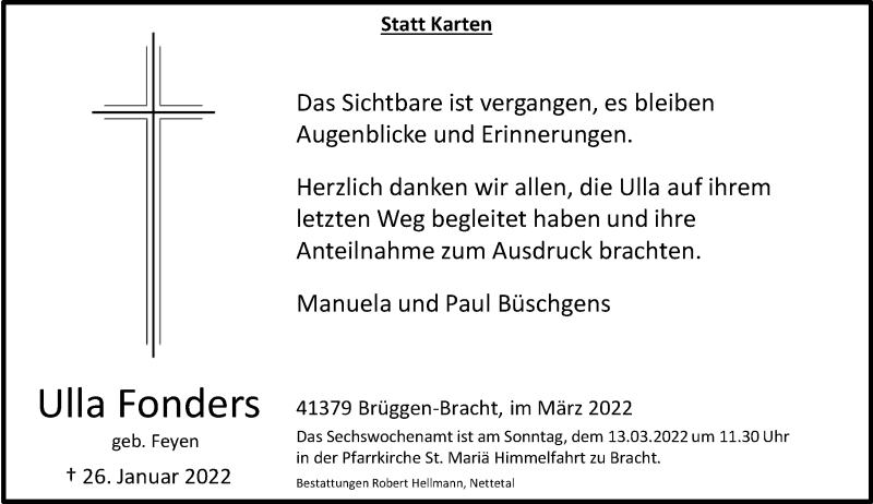  Traueranzeige für Ulla Fonders vom 05.03.2022 aus Rheinische Post