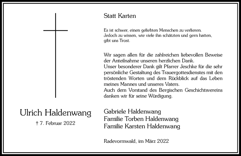  Traueranzeige für Ulrich Haldenwang vom 05.03.2022 aus Rheinische Post