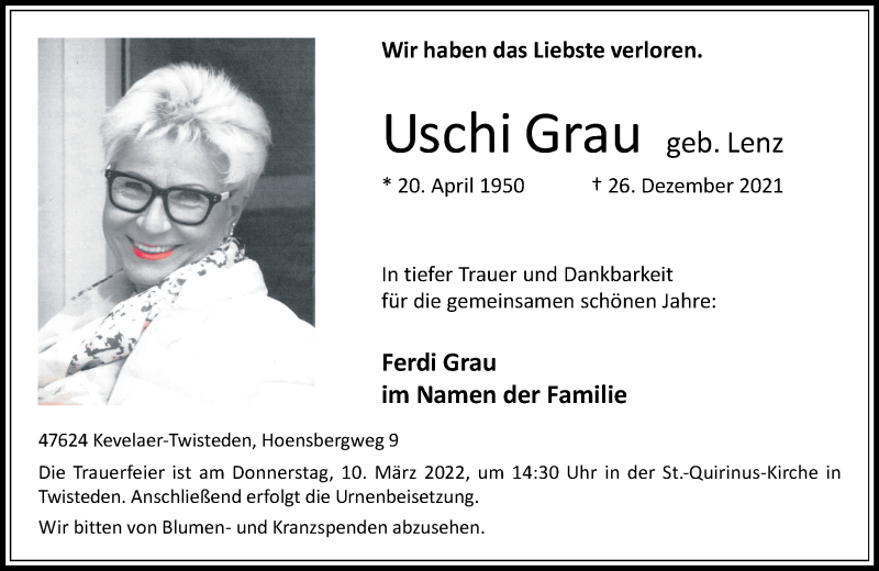  Traueranzeige für Uschi Grau vom 05.03.2022 aus Rheinische Post