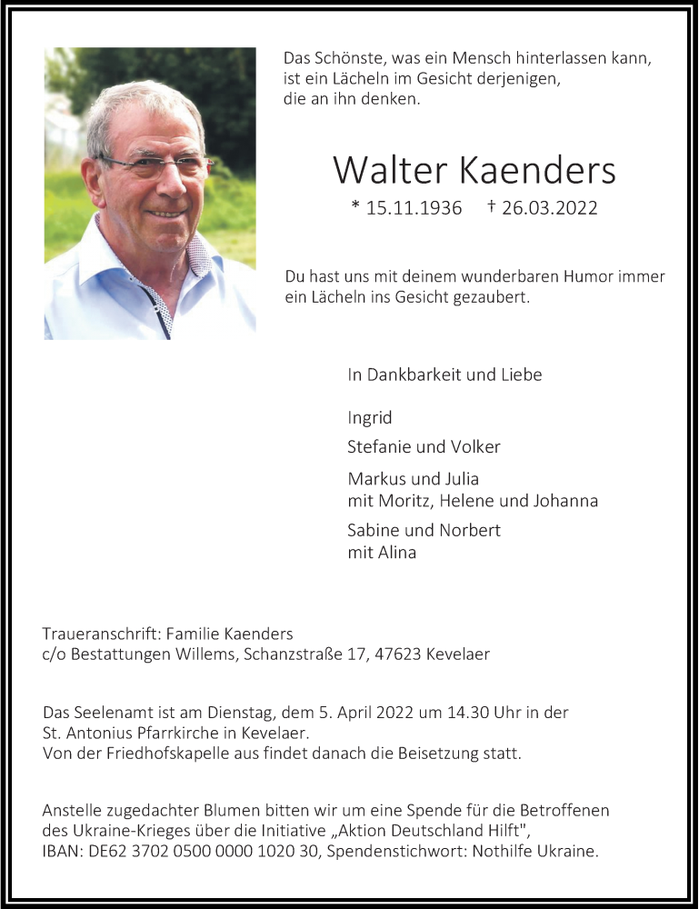  Traueranzeige für Walter Kaenders vom 30.03.2022 aus Rheinische Post