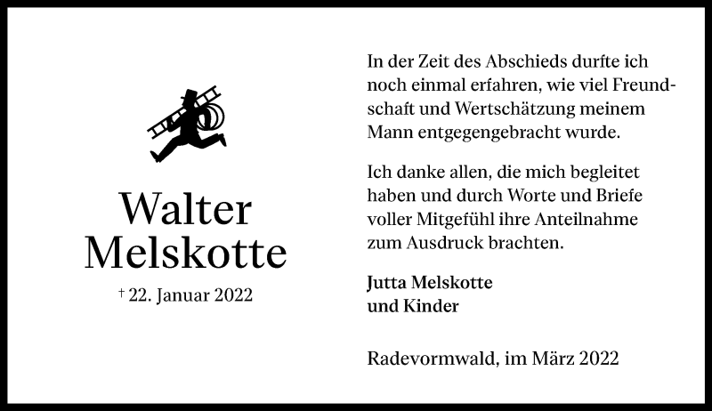  Traueranzeige für Walter Melskotte vom 12.03.2022 aus Rheinische Post