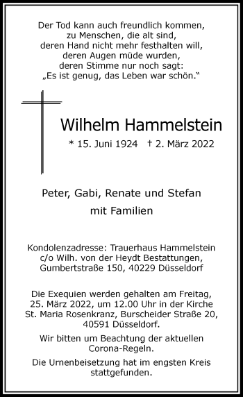 Traueranzeige von Wilhelm Hammelstein von Rheinische Post