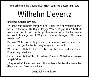 Traueranzeige von Wilhelm Lievertz von Rheinische Post