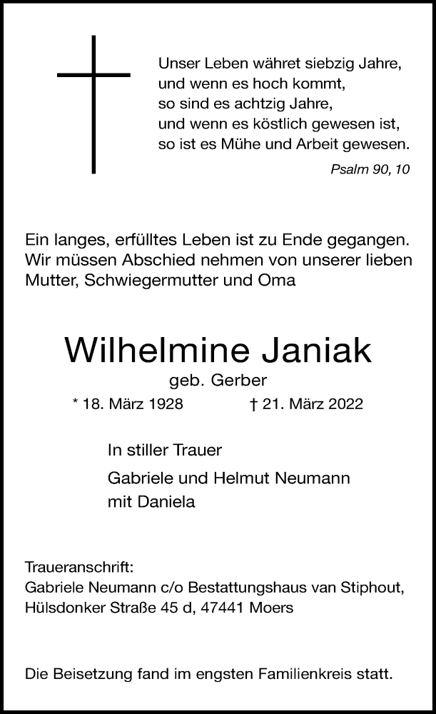  Traueranzeige für Wilhelmine Janiak vom 26.03.2022 aus Rheinische Post