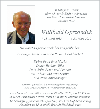 Traueranzeige von Willibald Oprzondek von Rheinische Post