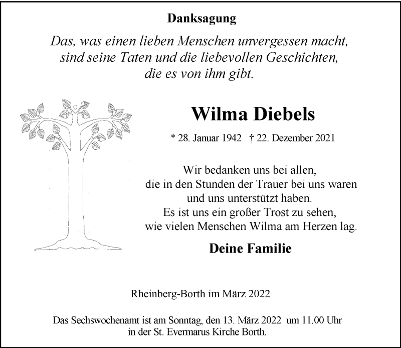  Traueranzeige für Wilma Diebels vom 02.03.2022 aus Rheinische Post