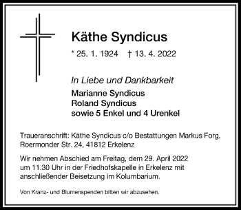 Traueranzeige von Käthe Syndicus von Rheinische Post