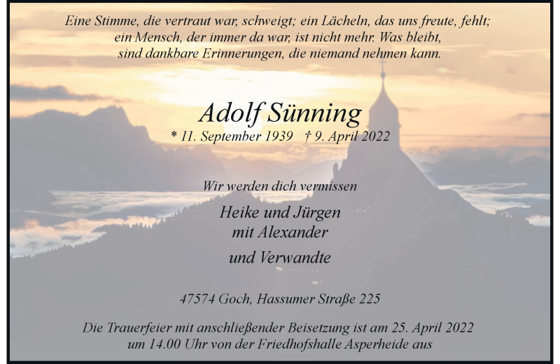  Traueranzeige für Adolf Sünning vom 20.04.2022 aus Rheinische Post