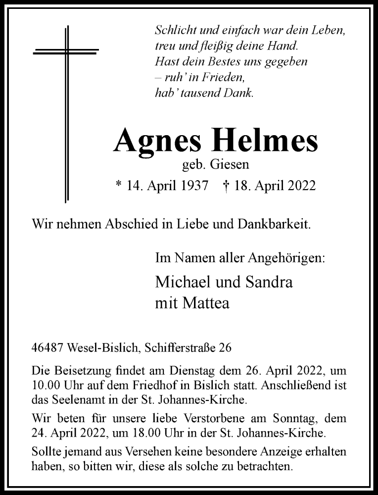  Traueranzeige für Agnes Helmes vom 22.04.2022 aus Rheinische Post