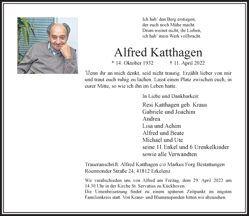  Traueranzeige für Alfred Katthagen vom 23.04.2022 aus Rheinische Post