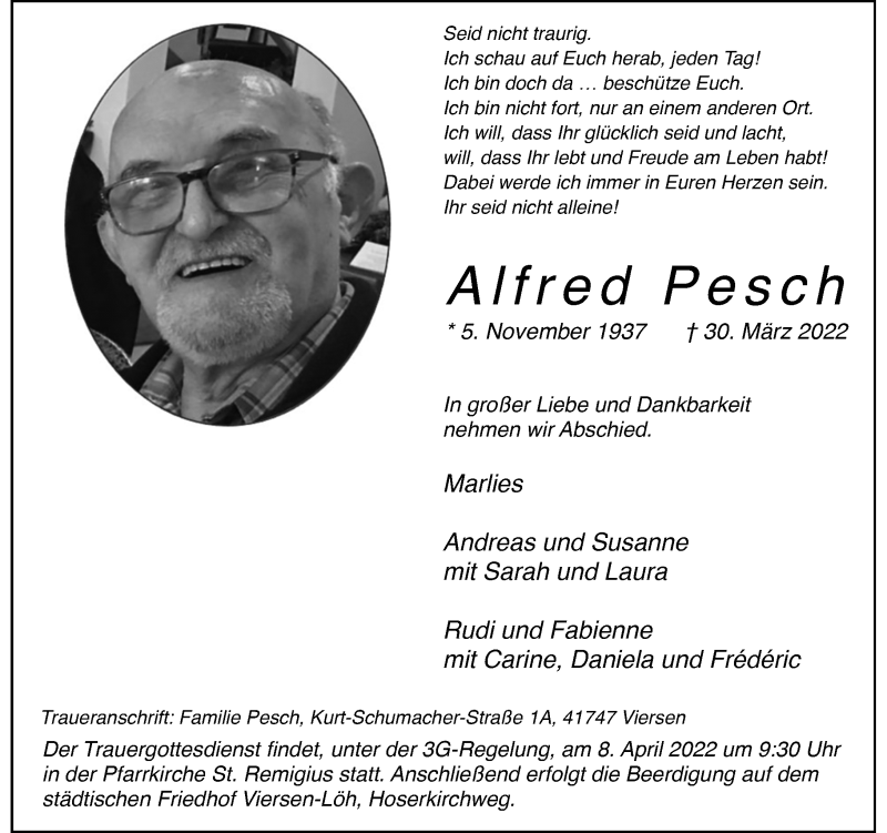  Traueranzeige für Alfred Pesch vom 02.04.2022 aus Rheinische Post