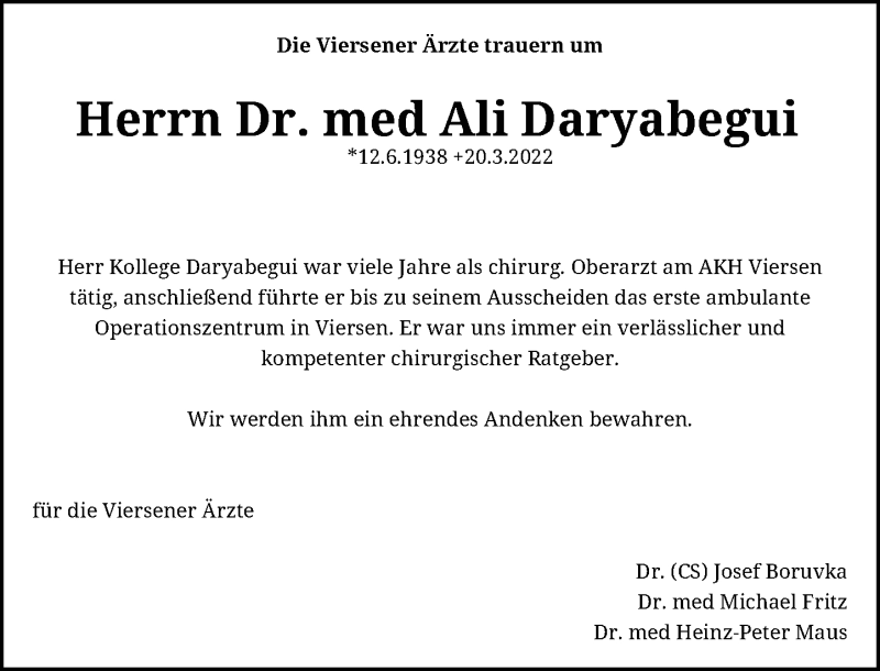  Traueranzeige für Ali Daryabegui vom 30.04.2022 aus Rheinische Post