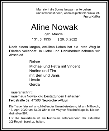 Traueranzeige von Aline Nowak von Rheinische Post