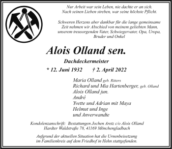 Traueranzeige von Alois Olland von Rheinische Post