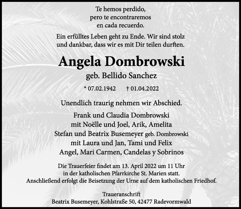  Traueranzeige für Angela Dombrowski vom 09.04.2022 aus Rheinische Post