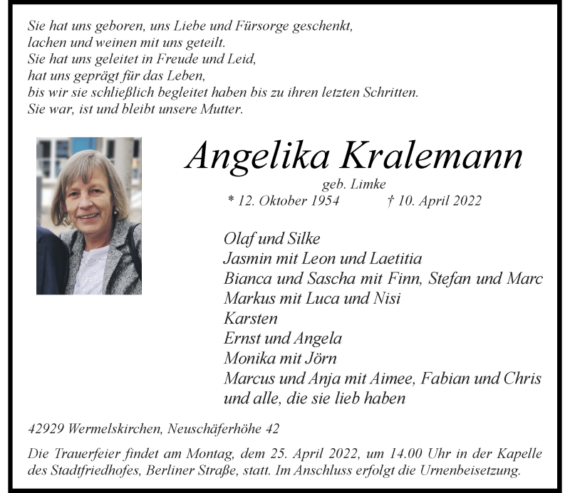  Traueranzeige für Angelika Kralemann vom 16.04.2022 aus Rheinische Post