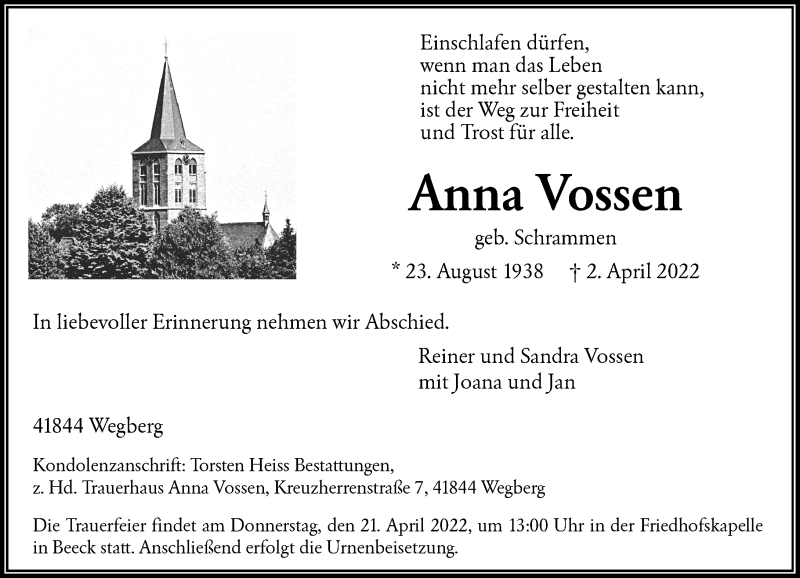  Traueranzeige für Anna Vossen vom 13.04.2022 aus Rheinische Post