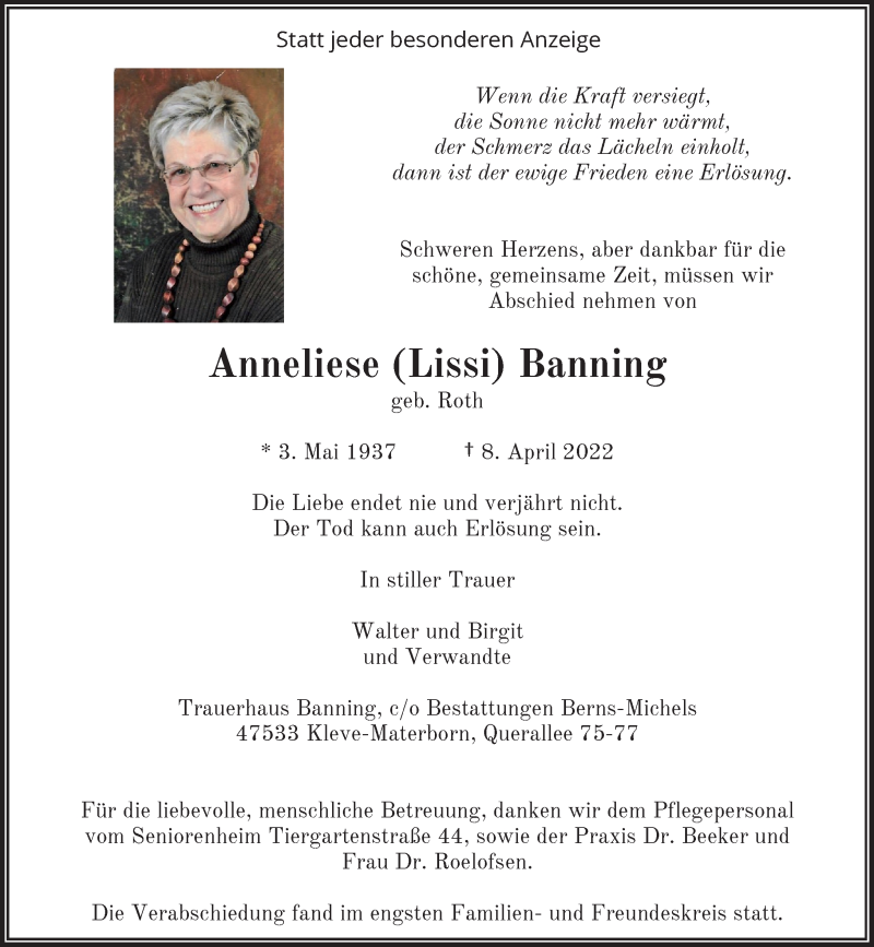  Traueranzeige für Anneliese Banning vom 29.04.2022 aus Rheinische Post