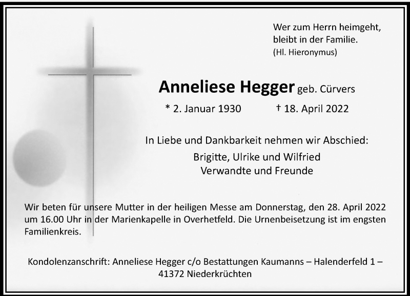  Traueranzeige für Anneliese Hegger vom 23.04.2022 aus Rheinische Post