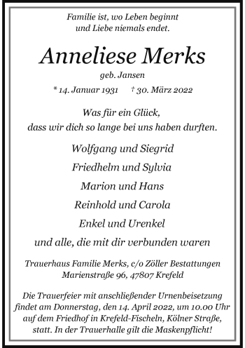 Traueranzeige von Anneliese Merks von Rheinische Post