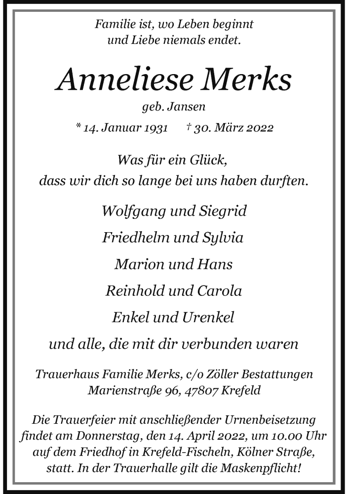  Traueranzeige für Anneliese Merks vom 09.04.2022 aus Rheinische Post
