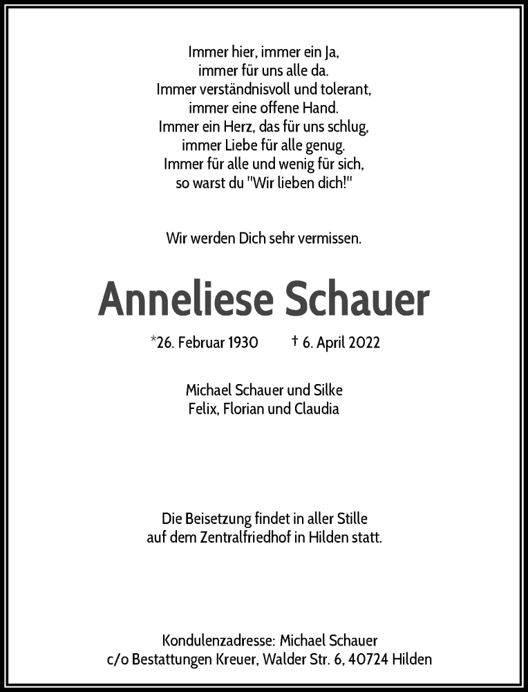  Traueranzeige für Anneliese Schauer vom 23.04.2022 aus Rheinische Post