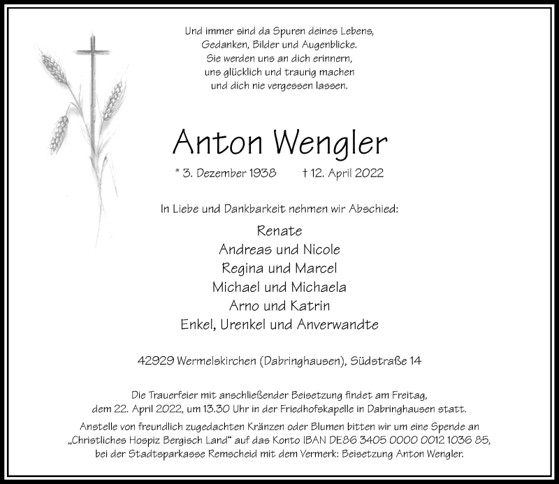  Traueranzeige für Anton Wengler vom 16.04.2022 aus Rheinische Post