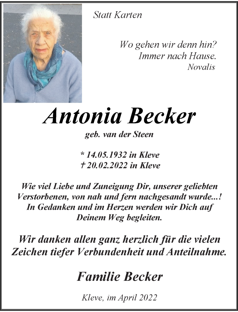  Traueranzeige für Antonia Becker vom 02.04.2022 aus Rheinische Post