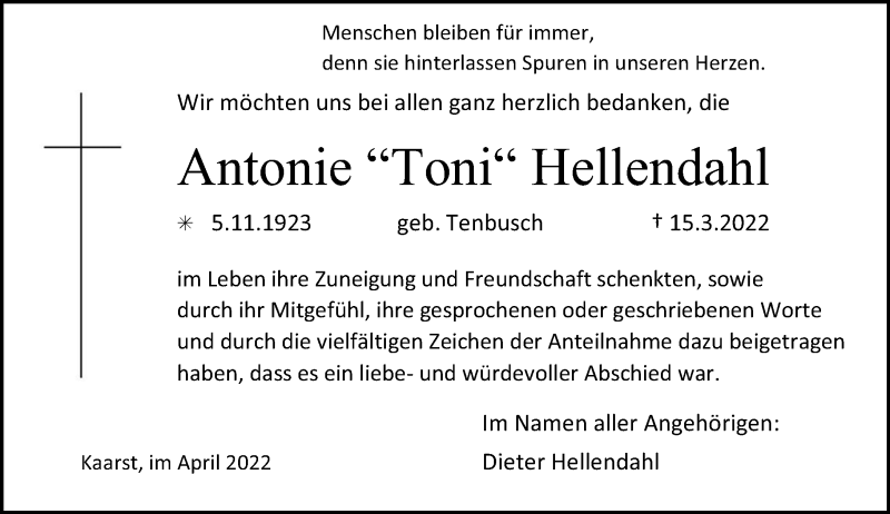  Traueranzeige für Antonie Hellendahl vom 16.04.2022 aus Rheinische Post