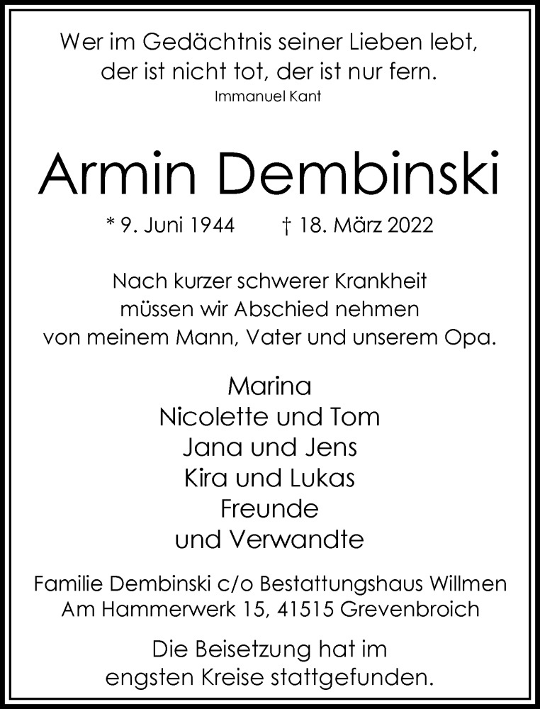  Traueranzeige für Armin Dembinski vom 02.04.2022 aus Rheinische Post