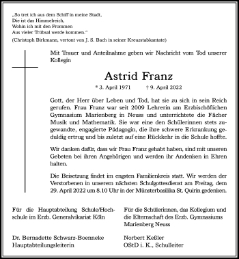 Traueranzeige von Astrid Franz von Rheinische Post