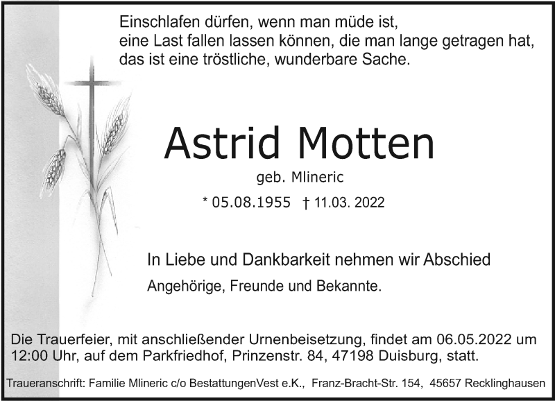  Traueranzeige für Astrid Motten vom 30.04.2022 aus Rheinische Post