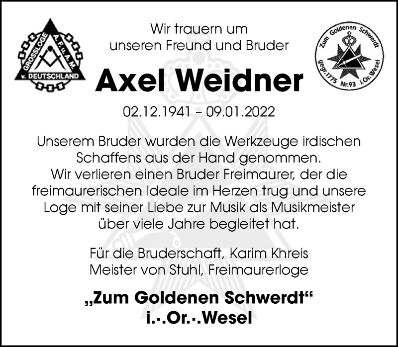  Traueranzeige für Axel Weidner vom 23.04.2022 aus Rheinische Post