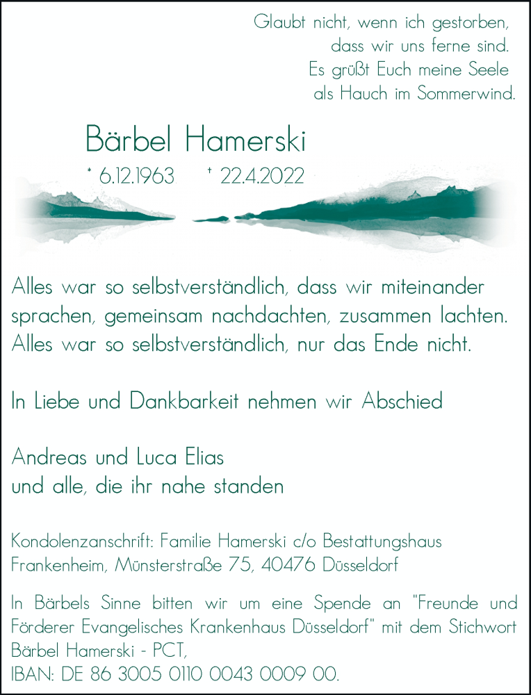  Traueranzeige für Bärbel Hamerski vom 30.04.2022 aus Rheinische Post