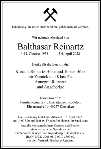 Traueranzeige von Balthasar Reinartz von Rheinische Post